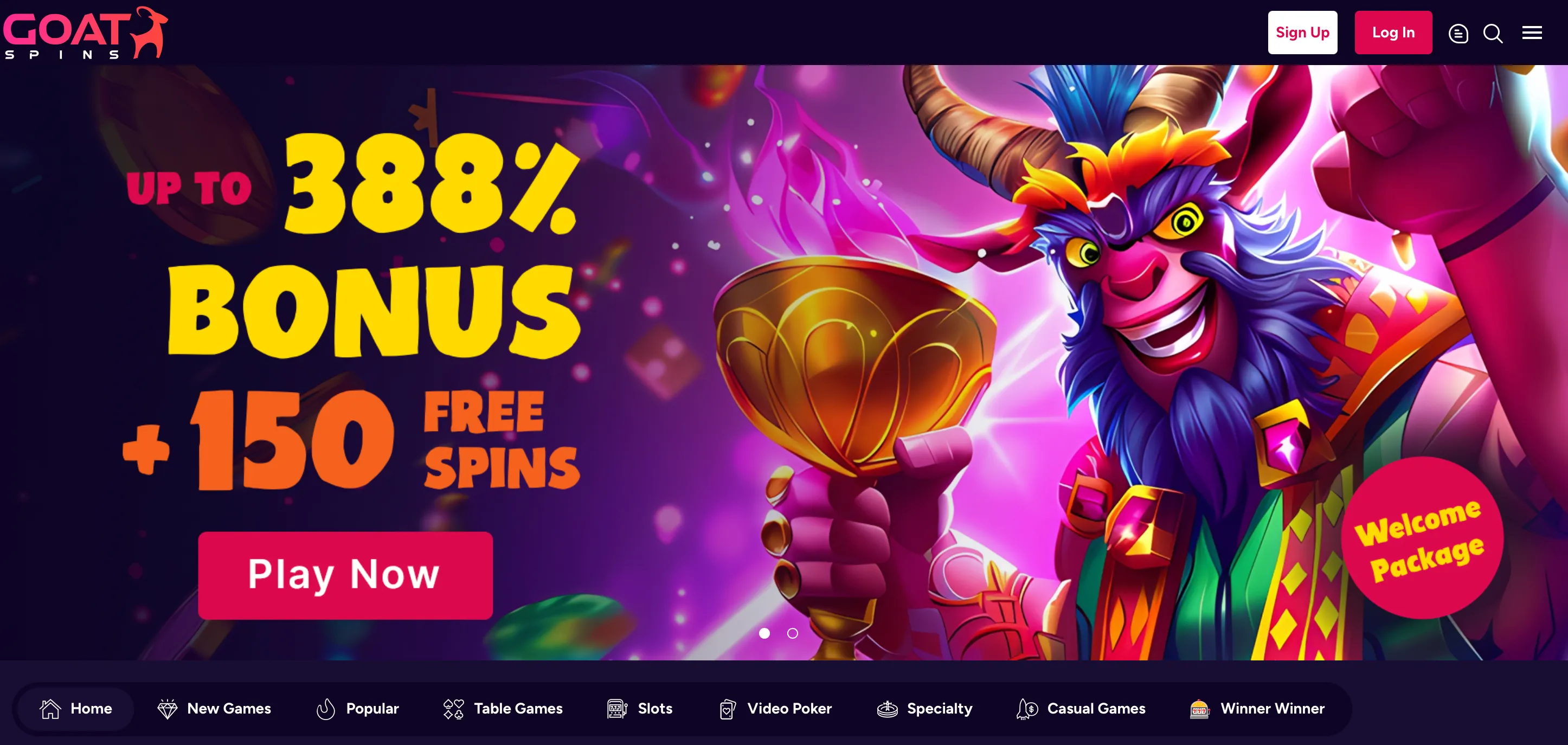 Goat Spins casino homepage with welcome offer for Canadian players