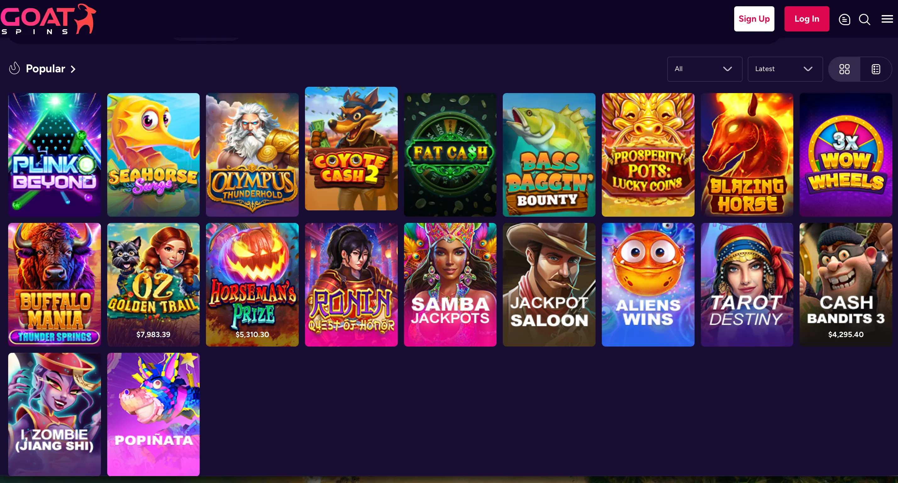 Popular slot games in the Goat Spins lobby