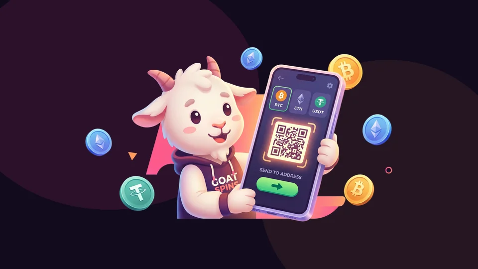 Goat Spins mascot at the crypto cashier guiding a deposit with BTC, ETH, or USDT