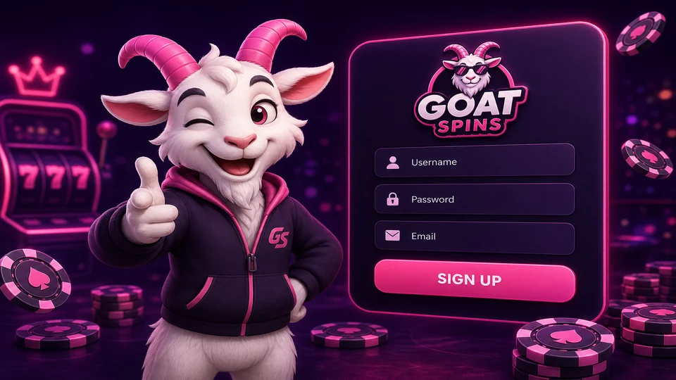 Goat Spins sign-up form with username, password, and personal details fields